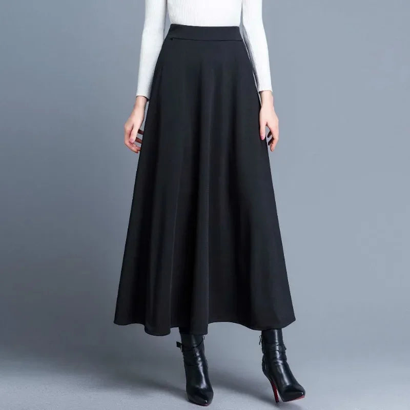 2024 Autumn and Winter Solid Color Woolen Skirt Big Hem A- Line Skirt High Waist Long Woman Skirts Mujer Faldas Saias Mulher - reetell