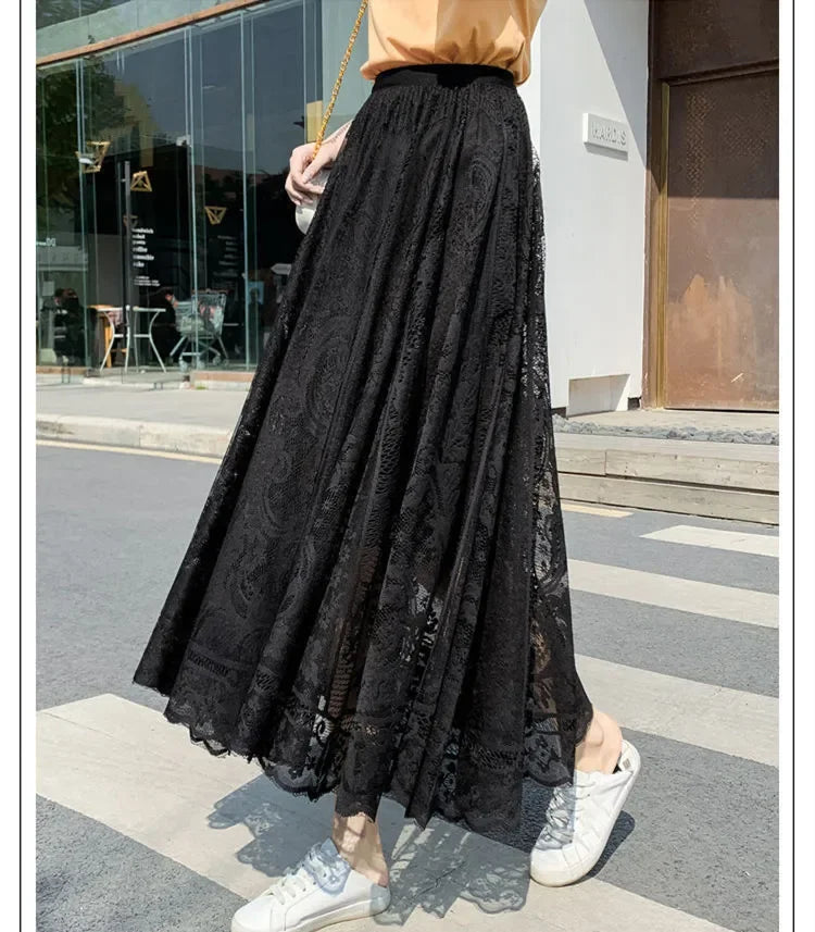 Lace High Waist Skirt Women Faldas Ropa Mujer Casual Loose Summer White Long Skirts Ladies Fashion Jupe Solid Woman Clothes Saia - reetell