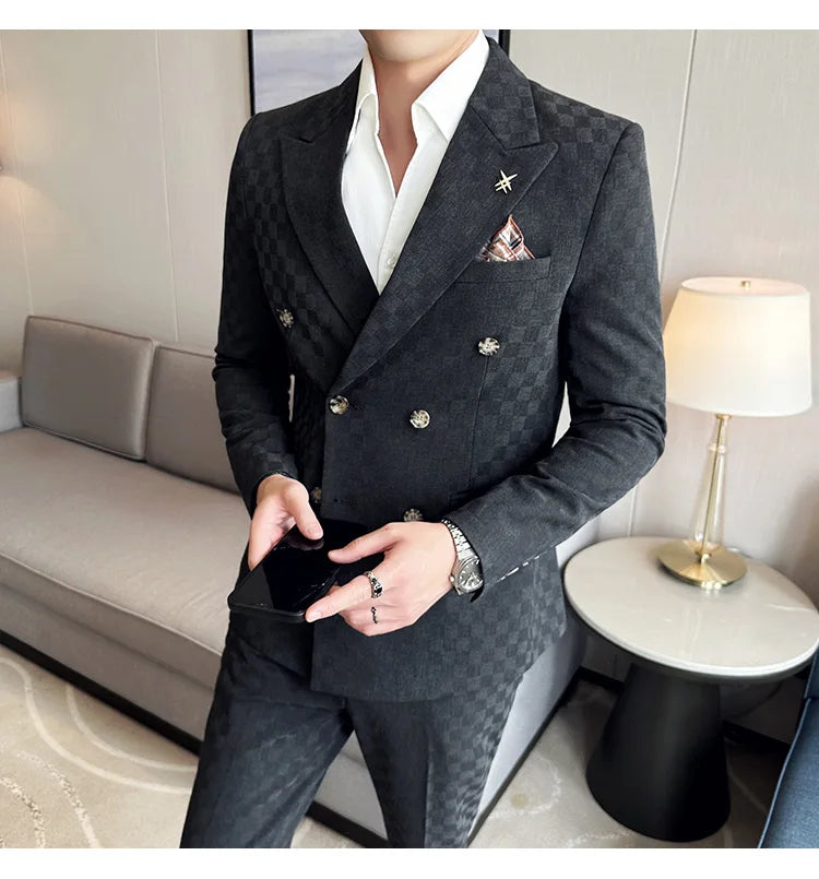 (Jacket+Pants) 2 Pieces Blue Apricot Business Party Men Suits Double Breasted Formal Style Custom Made Wedding Groom Tuxedos - reetell