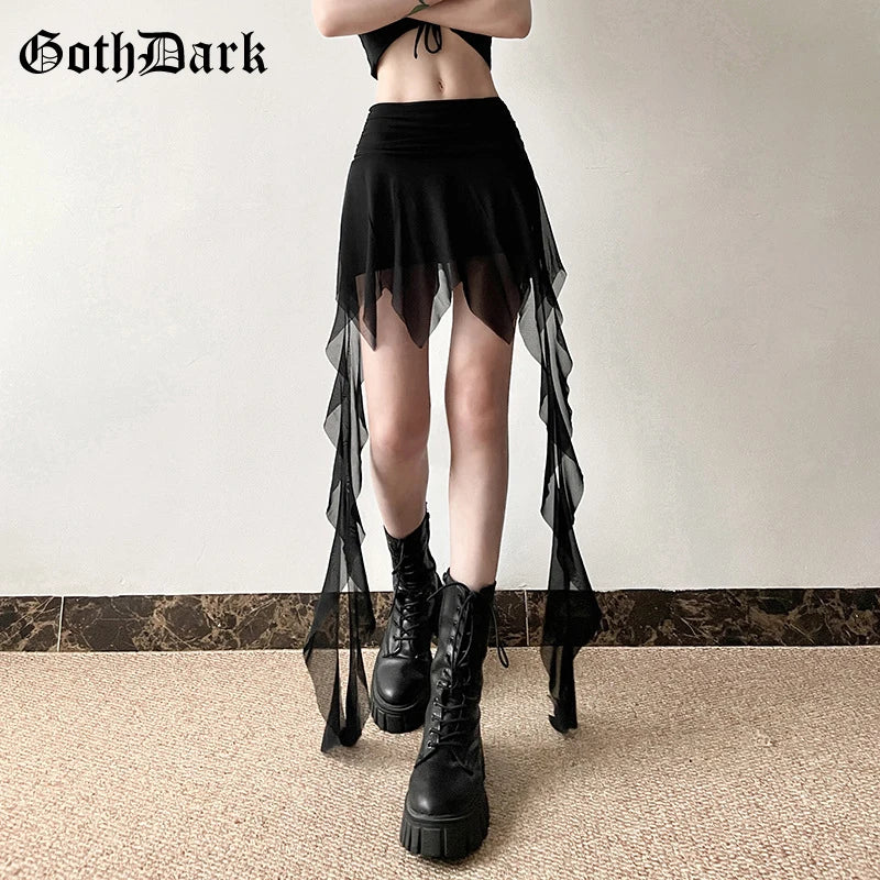 Goth Dark 2000S Aesthetic Irregular Hem Short Skirt Gothic Fashion High Waist Slim A-Line Skirts E-girl Streetwear Mesh Bottoms - reetell