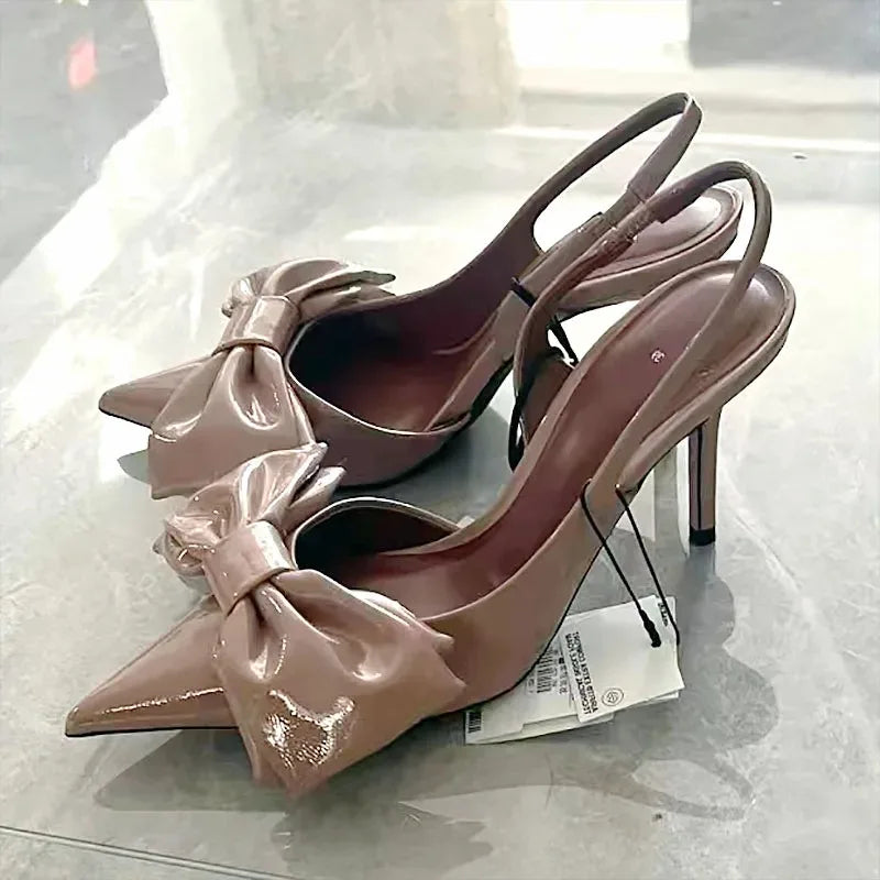 Bowknot High Heels Women Party Prom Shoes Patent Leather Stilettos Pointed Toe Summer Slingbacks Classic Design Ladies Sandals