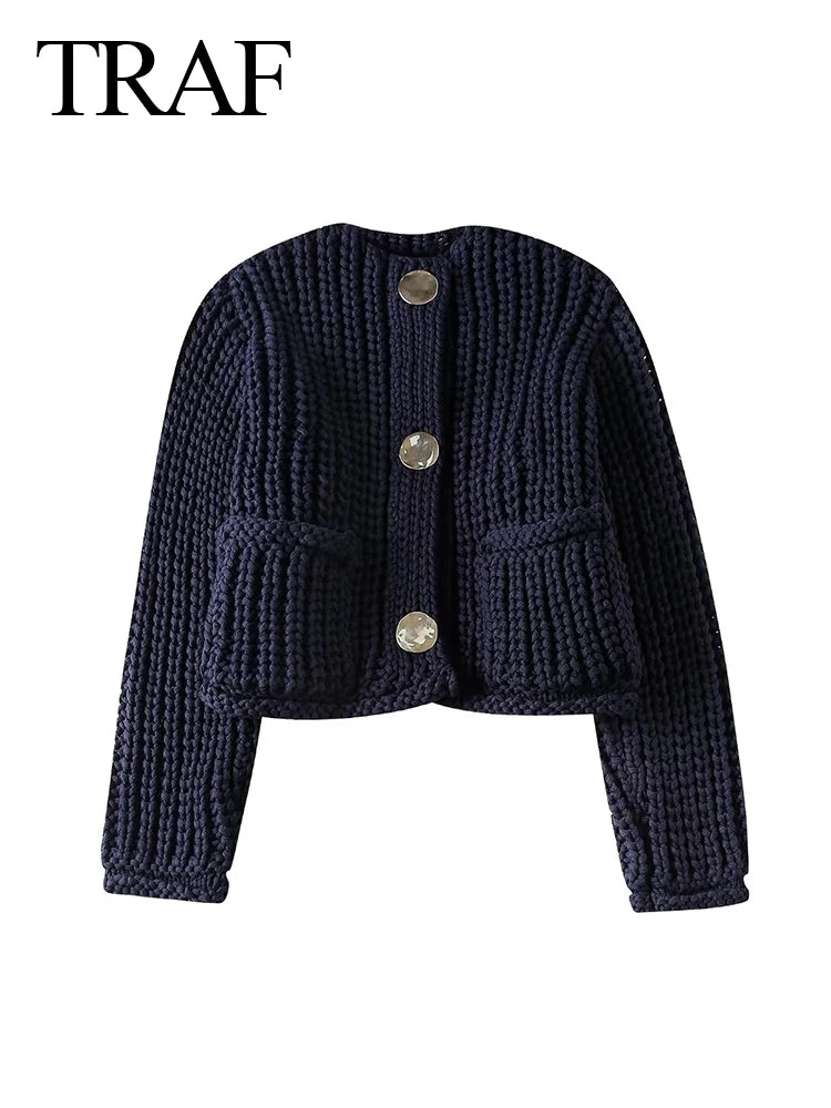 TRAF 2024 Spring Woman's Navy Blue Knitted Sweater Coats With Pockets Buttons Female Crop Tops Cardigan Vintage Casaul Style - reetell