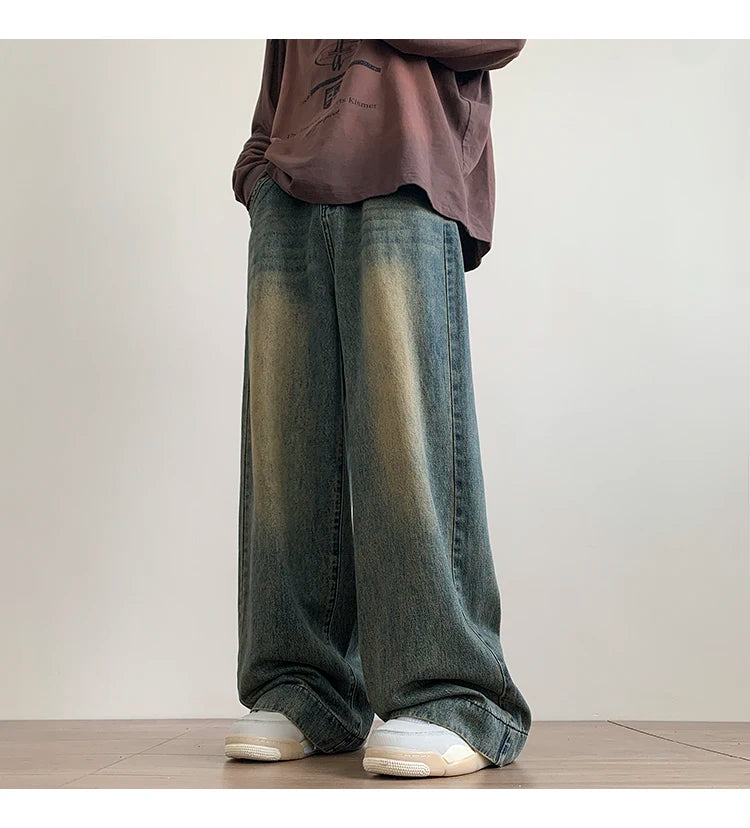 Distressed Vintage Blue Jeans Pants Men Wide-leg Denim Trousers Male Oversize Streetwear Fashion Casual Baggy Straight Jeans - reetell