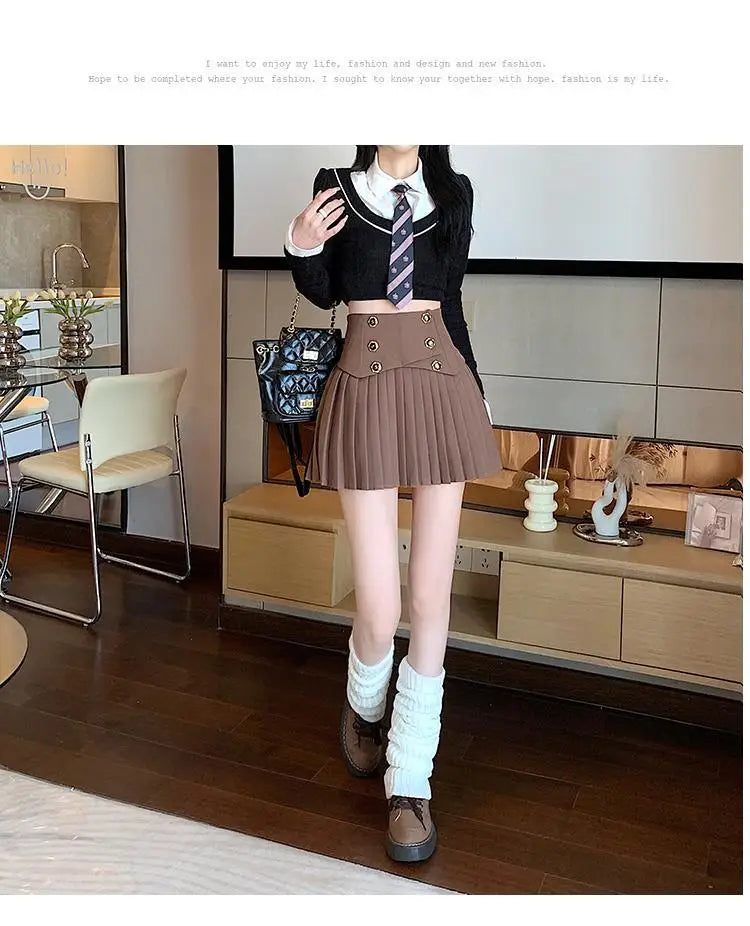 Pleated Skirt New Spring Autumn All-match Buttons Solid Color High Waist A-line Skirt Femme Preppy Style Pleated Trend Skirts - reetell