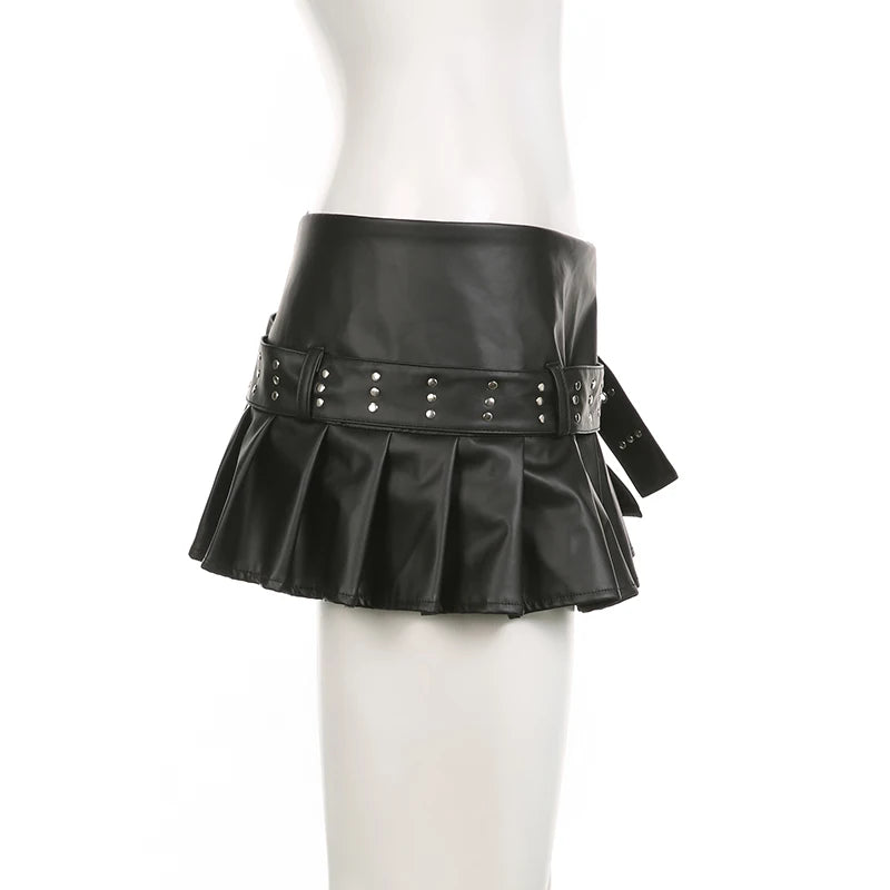 Rockmore PU Leather Women'S Mini Skirt Belt Low Waist Gothic Black Vintage y2k Streetwear Zipper Pleated Skirt Harajuku Korean - reetell