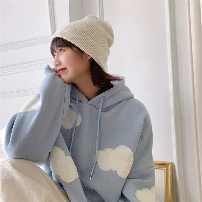 Autumn Winter Women Blue white cloud Hoodie Thick Warm Female Fleece Hoodies Oversize Sweatshirt Top Ladies  Hooded Top coat - reetell