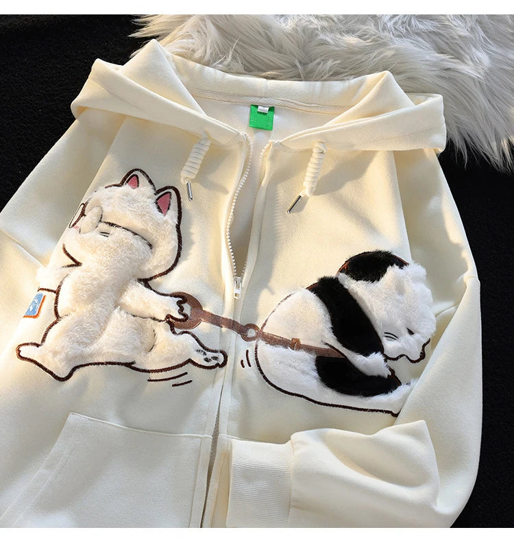 Korean New Design Embroidery Cartoon Hooded Coat Autumn Winter Cat Print Zip Up Women Man Hoodies Streetwear Couples Clothes Top - reetell