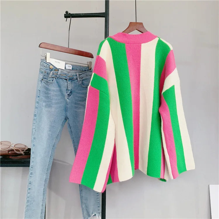 Joskaa Striped Patchwork Knitted Cardigan Women V-Neck Long Sleeve Single Breasted Sweater Coat Autumn 2023 Outwear Streetwear - reetell