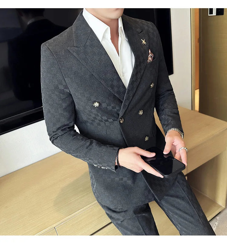 (Jacket+Pants) 2 Pieces Blue Apricot Business Party Men Suits Double Breasted Formal Style Custom Made Wedding Groom Tuxedos - reetell