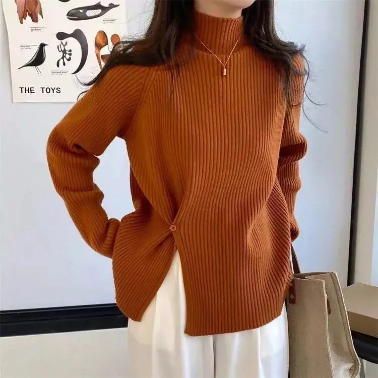 Women's Knit Sweater Off-white Loose Turtleneck Ladies PulloversButtons Slit Hot Sale Winter Offers Trend New Knitwear 2024 - reetell