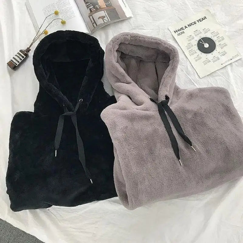 Autumn Winter Fleece-lined Hooded Long-sleeve Sweatshirt Women Hoodies Fashion Loose Couple's Warm Plush Coat Lazy Style Tops - reetell