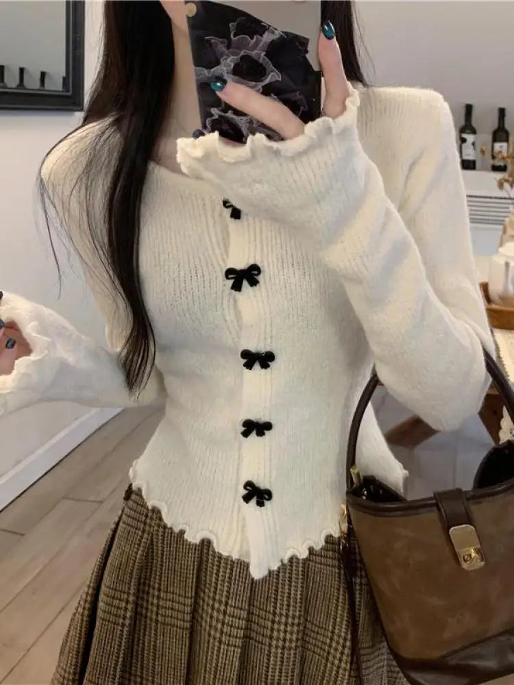 Women's Ruched Long Sleeve Cropped Cardigan V Neck Button Down Knit Lady Autumn Winter Knitted Single-breasted Cardigan Sweaters - reetell