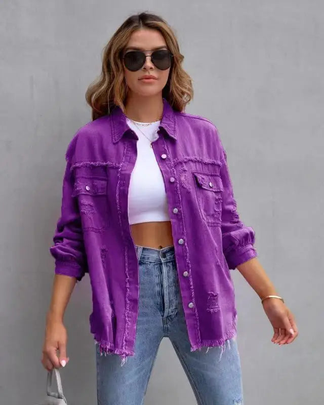 Women's Casual Lapel Mid-length Denim Jacket with Ripped Raw Edges