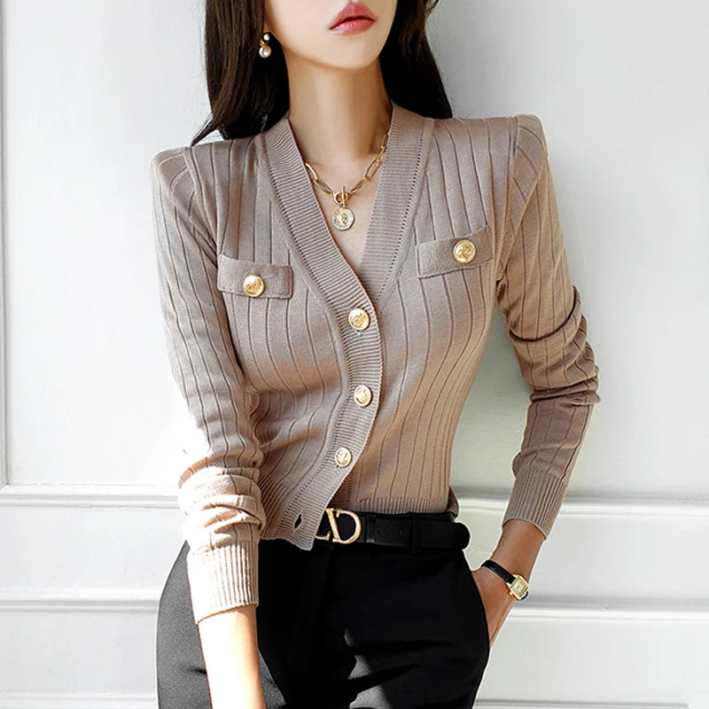 New 2023 Autumn Cardigans For Women V Neck Knitted Long Sleeve Top Korean Fashion Right Shoulder Elegant Women's Knitwears - reetell