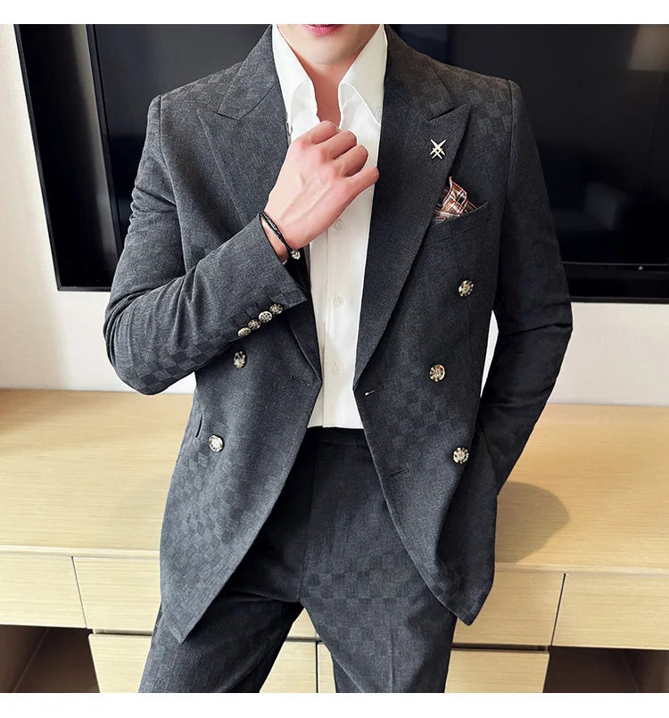 (Jacket+Pants) 2 Pieces Blue Apricot Business Party Men Suits Double Breasted Formal Style Custom Made Wedding Groom Tuxedos - reetell