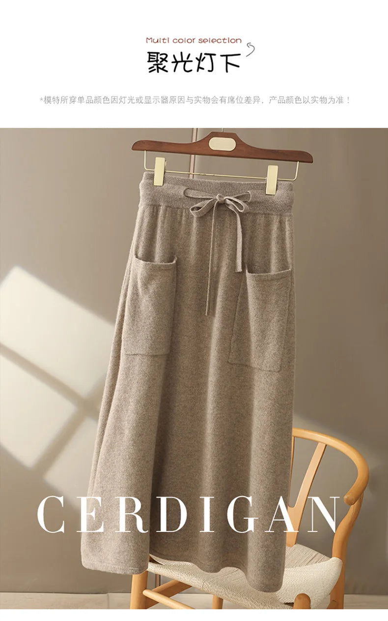 Autumn And Winter100% Pure Wool Skirt Women's Long Pocket Small A Skirt High Waist Slim Cashmere Knit A-Line Skirt - reetell