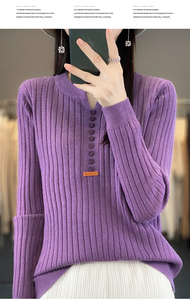 Women's Sweater Autumn/Winter New Solid Color Knitwear V-Neck Pullover Ladies Clothes Fashion Blouse Korean Style Loose Tops - reetell