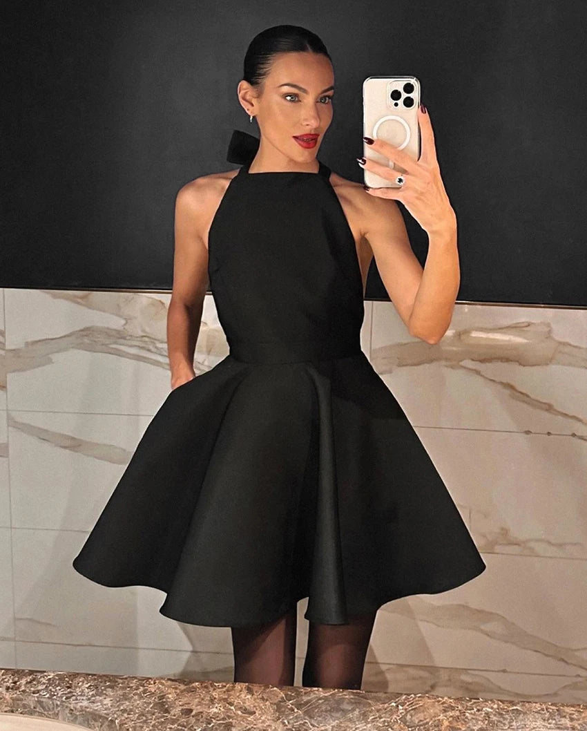 Mnealways18 Party Black A-Line Satin Dress For Women Halter Neck Backless Sexy Evening Dress Summer 2024 Pockets Mini Dress Lady - reetell