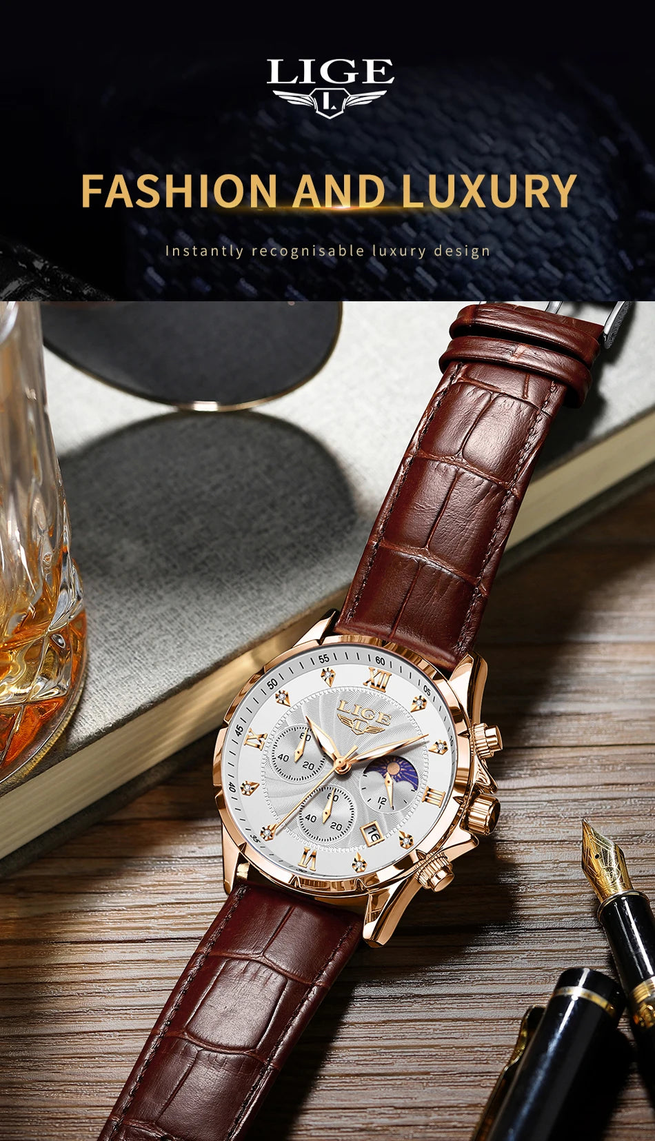 LIGE Mens Watches Casual Business Watch Men Luxury Waterproof Date Luminous Chronograph Wristwatch Quartz Watch Leather Clock