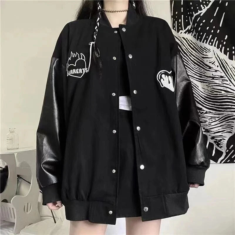 MEXZT Harajuku Black Coat Women Patchwork Bomber Jackets Bf Streetwear Korean Leather Print Oversized Casual Baseball Jacket