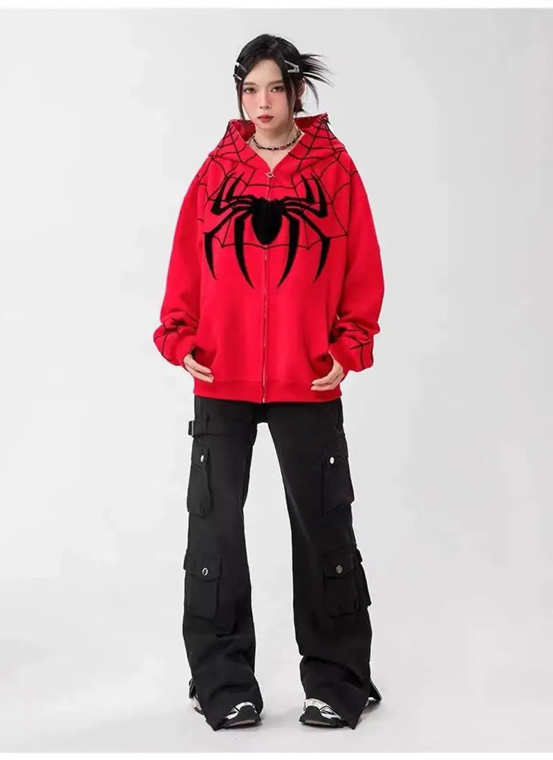 Gothic Y2k Anime Embroidery Zipper Spider Hoodies Men Sweatshirt Clothes Harajuku Oversize Hip Hop Long Sleeve Hoodie Men Women - reetell