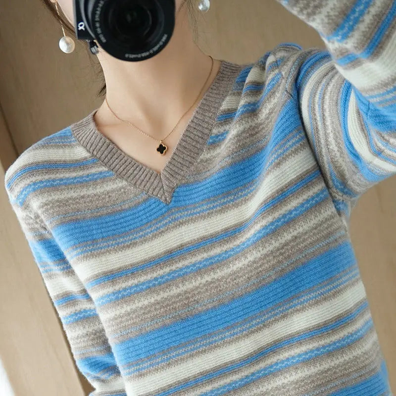 Autumn Winter Elegant Fashion Rainbow Knitting Tops Women All Match Casual Knitwear Long Sleeve Stripe Sweaters Thick Pullover - reetell