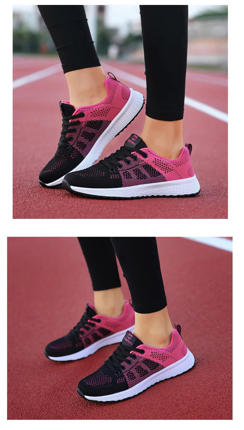 Women Casual Shoes Breathable Walking Mesh Lace Up Flat Shoes Sneakers Women Tenis Feminino Pink Black White - reetell