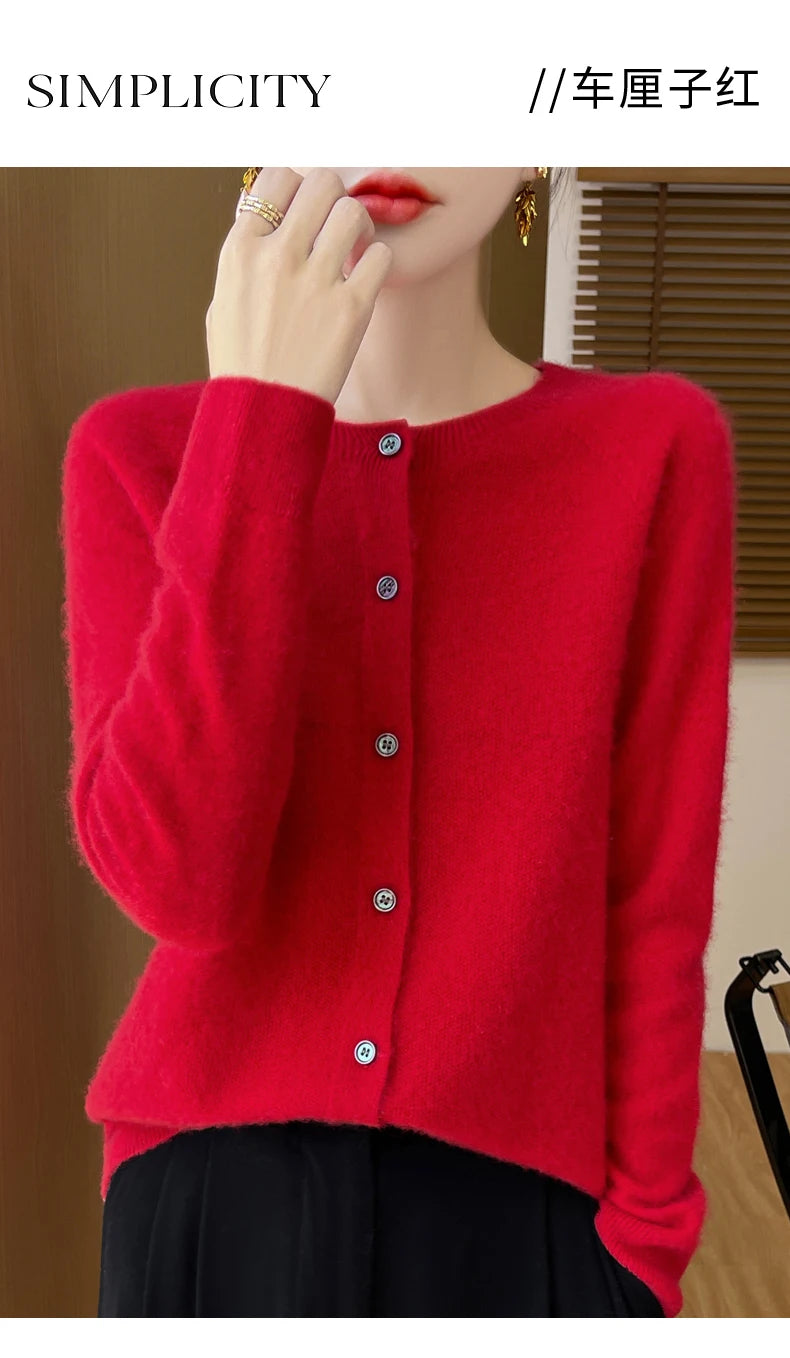 100% Merino Wool Long Sleeve Sweaters Cashmere Cardigan Spring Autumn Women O-Neck Knitwear Tops Clothing Fashion Basic Tops - reetell