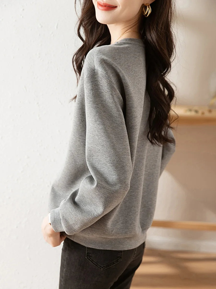 Women's Stereoscopic Flowers Hooded Sweatshirt Casual Round Neck Top Gray Clothes Simple Fashion Autumn - reetell