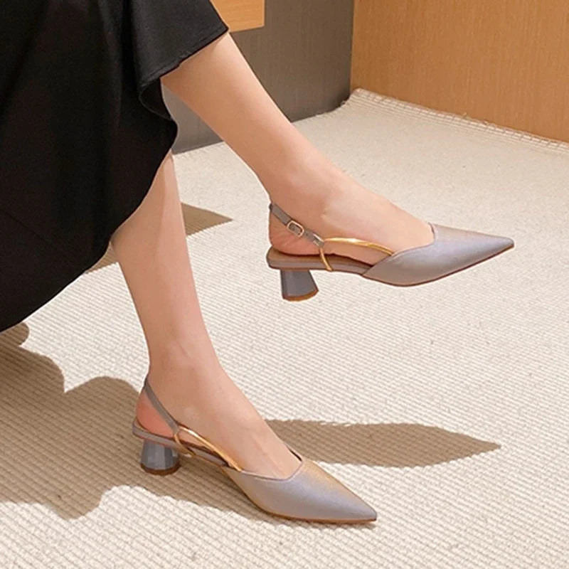 2024Summer Pointed Toe Silk Pumps Women Back Strap Buckle Thick Heels Sandals Woman Shallow Mouth Party Shoes Ladies