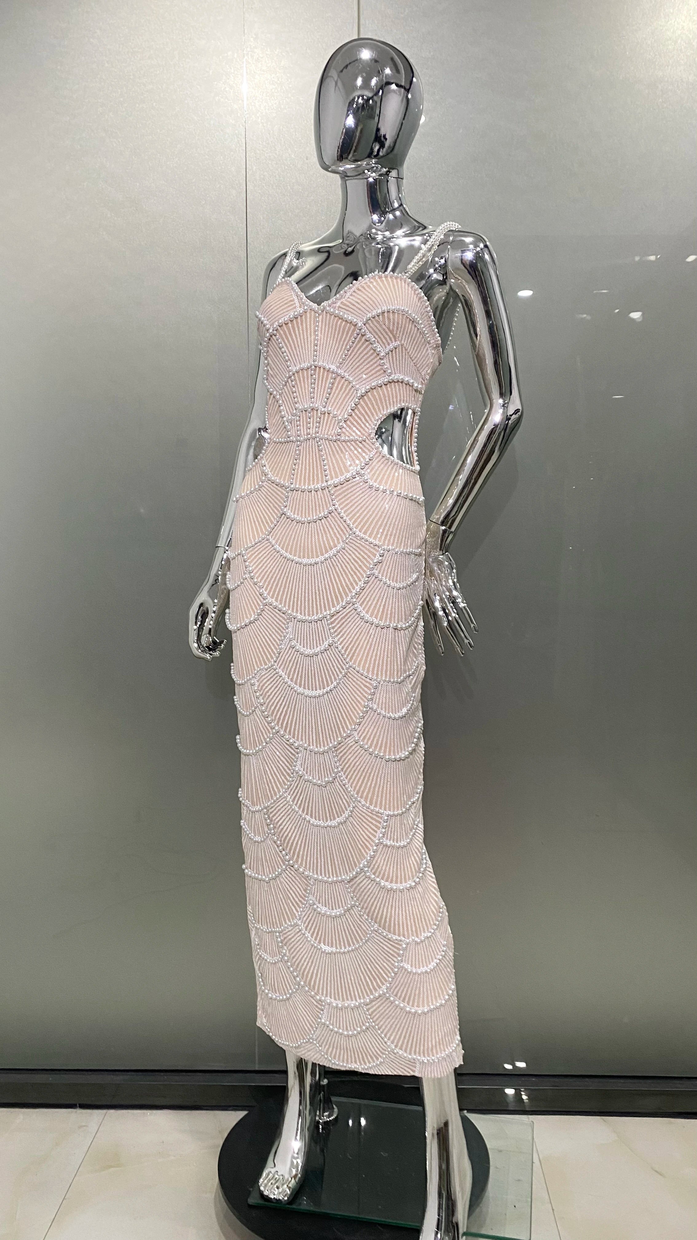 High Quality Women Sleeveless Sexy Strap Pearl Beading Bodycon Mid-calf Dress Fashion Celebrate Birthday Party Evening Dress - reetell