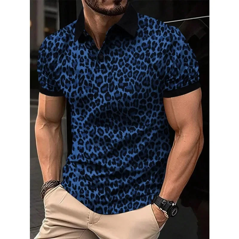 1pc New Men's Fashion T-shirt Leopard Print Short Sleeve Breathable Lapel  Men Clothing