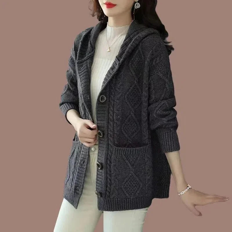 Hooded Sweater Spring And Autumn Mother Sweater Jacket Female Jacket 2023 New Loose Pocket Zipper Knitted Cardigan Mom HoodyCoat - reetell