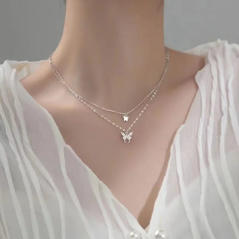 Imitation Pearl Beads Five-leaf Flower Pendant Double Layer Necklace for Women Fashion Daily Accessory Jewelry Birthday Gifts