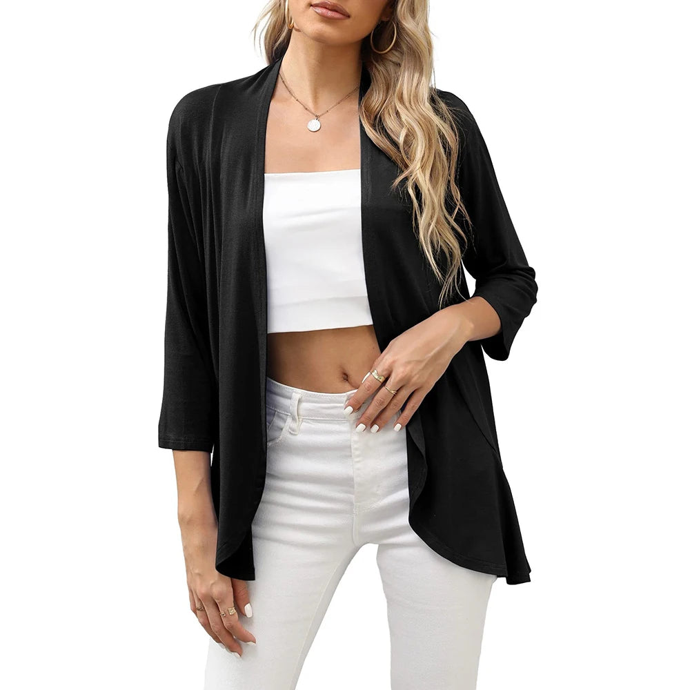 Women Fashion Cardigan Spring Solid Color Cardigan Top Open Stitch Solid Female Autumn - reetell