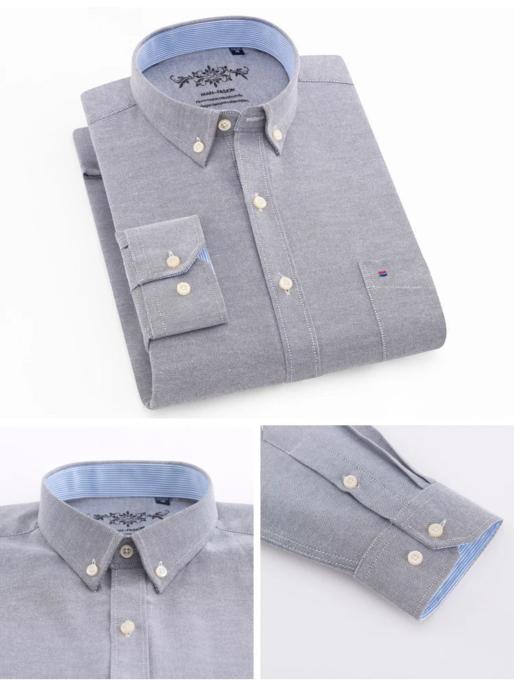 Men's Long Sleeve Oxford Plaid Striped Casual Shirt Front Patch Chest Pocket Regular-fit Button-down Collar Thick Work Shirts