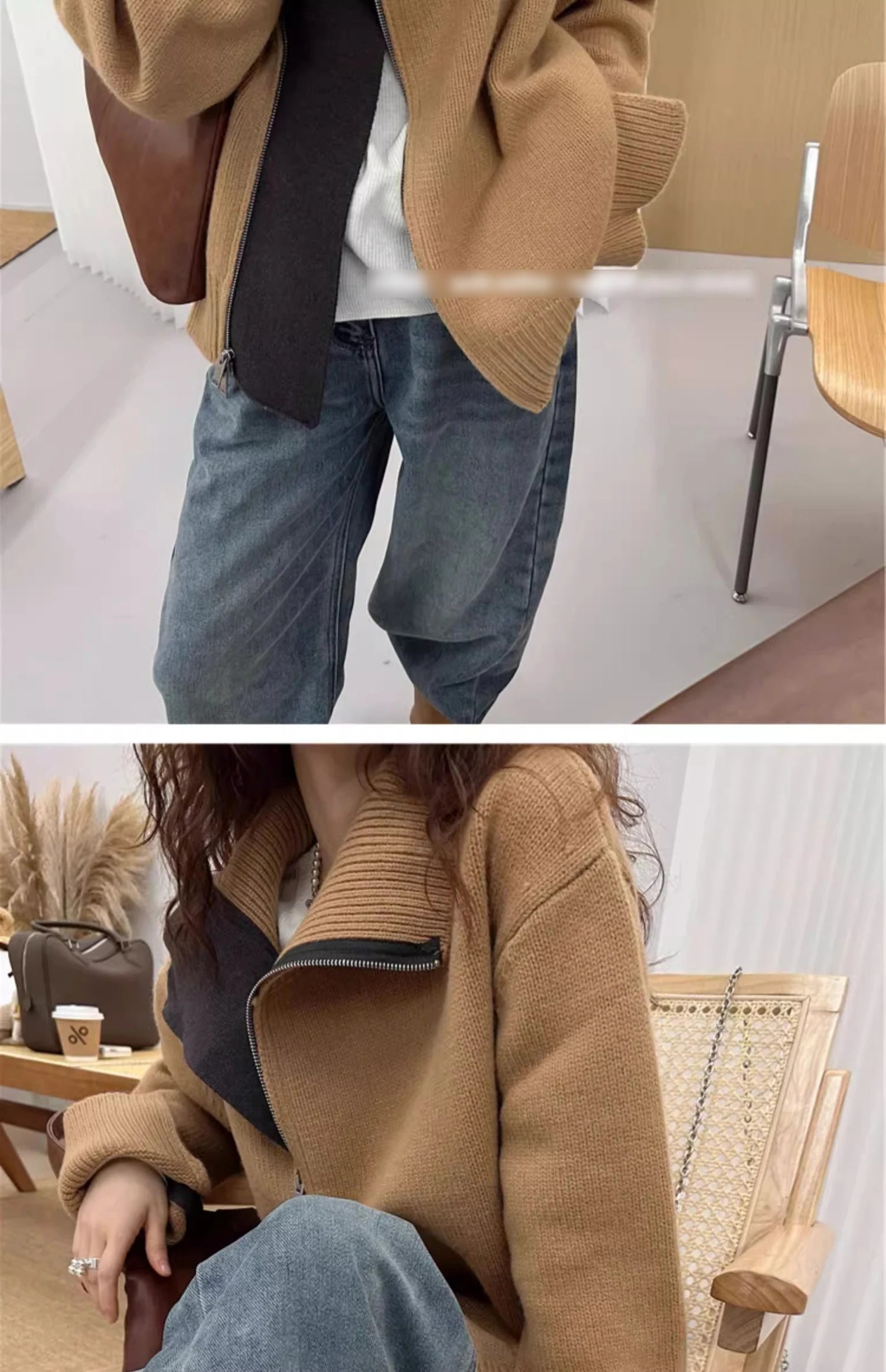 European turtleneck zipper 100% cashmere cardigan women's autumn and winter high-end loose thick wool knit sweater coat - reetell