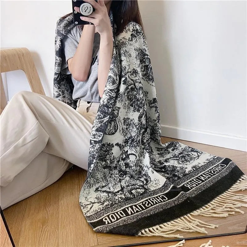 2024 Women's New Scarf Ink Color Printing Black border Shawl with White Tassels Winter Outdoor Warm Muslim Female Pashmina - reetell