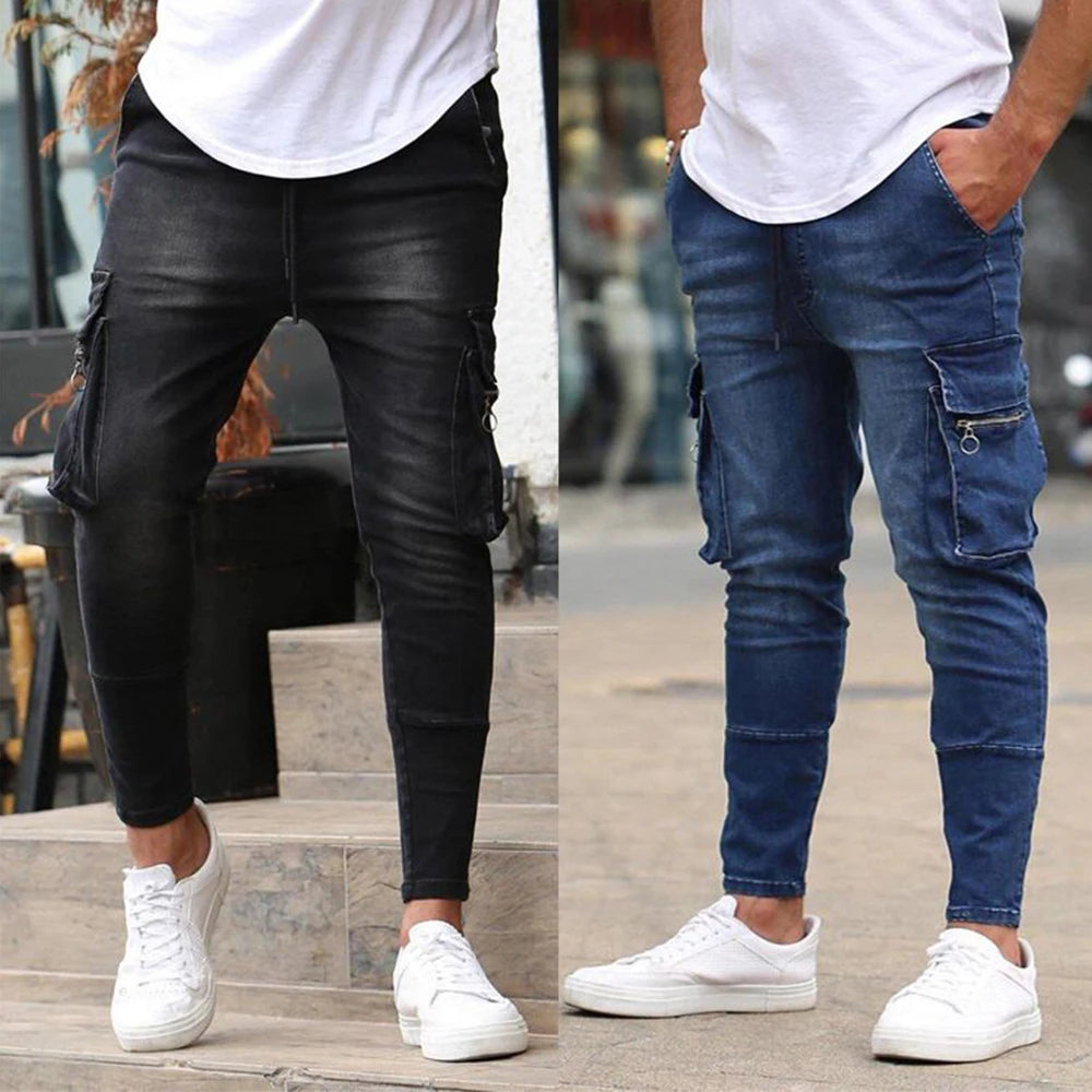 Fashion Streetwear Ripped Skinny Jeans Men Side Mulit Pockets Denim Cargo Pants Slim Fit Pantalones Hombre Soft Elastic Joggers - reetell