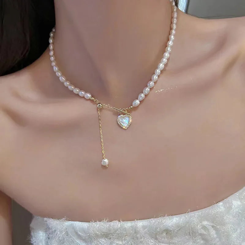 Korean Pearl Chain Choker Necklace for Women Girls 2023 Trend Jewelry Heart Tassel Pendant Necklace Bridal Engagement Gift