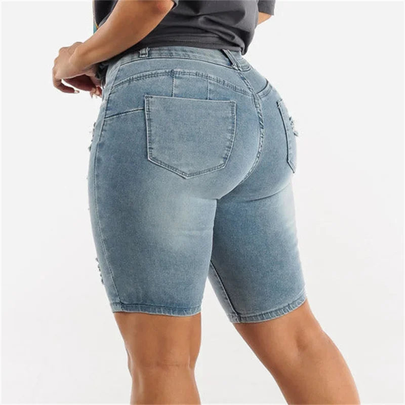 Fashion Slim Sexy Hip Lift Denim Shorts Women Three Buttons Splice High Waist Three Quarter Pants Female Broken Holes Mini Jeans - reetell