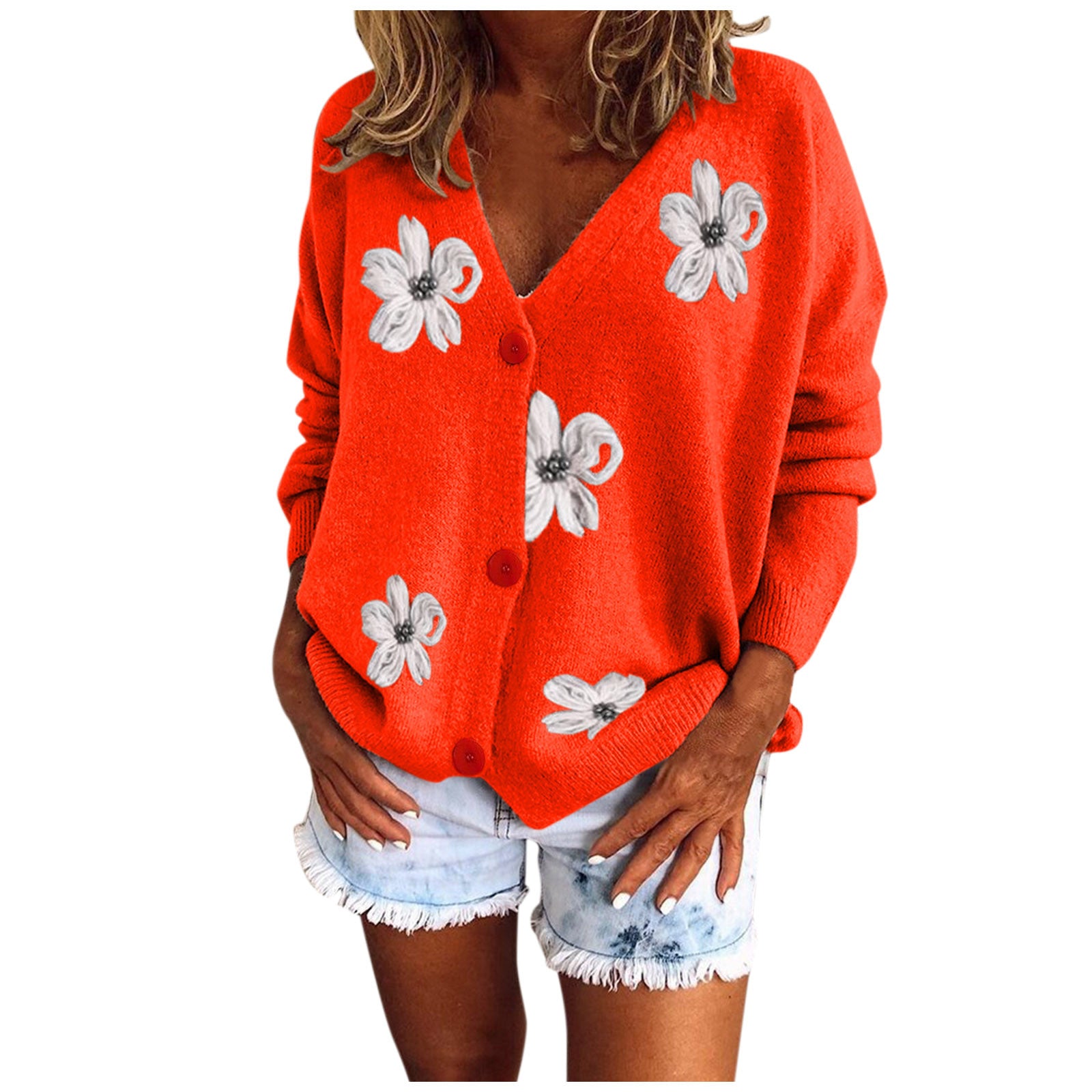 Women Cardigan Daisy Embroidery Knitted Sweater Single Breasted Full Sleeve V-Neck Autumn Outwear Green Cardigan Floral Pattern - reetell