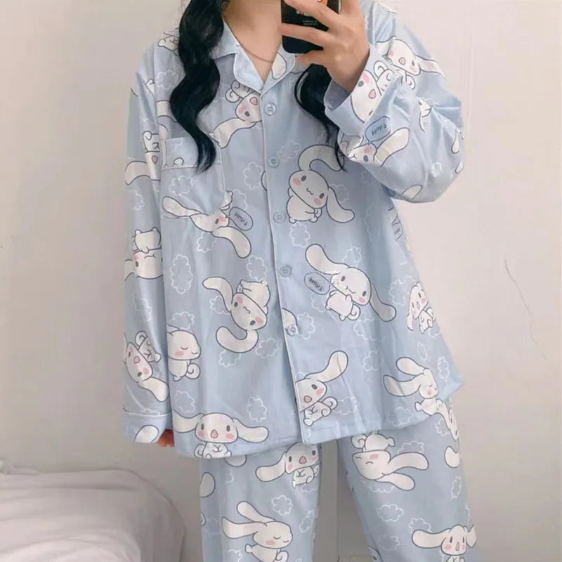 Sanrio Cinnamoroll Cartoon Women's Pajama Y2k Cute Fashion Sleepwear Set Woman 2 Piece Long Sleeve Home Suit For Female 2023 New