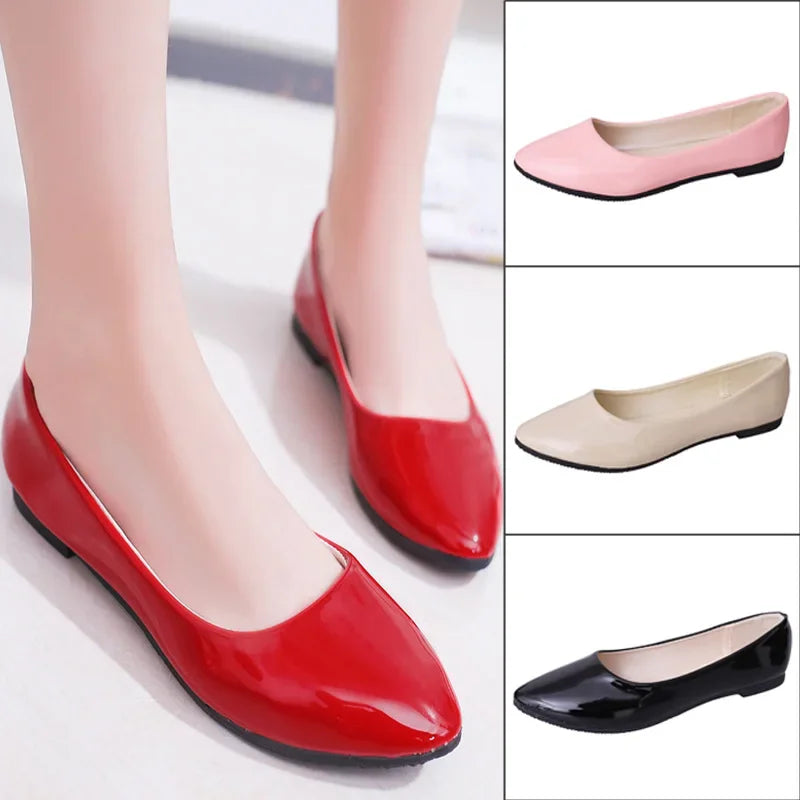 PU patent leather shoes woman single shoes shallow round tow spring autumn ballet flats shoes contracted big sizeisd34 - reetell