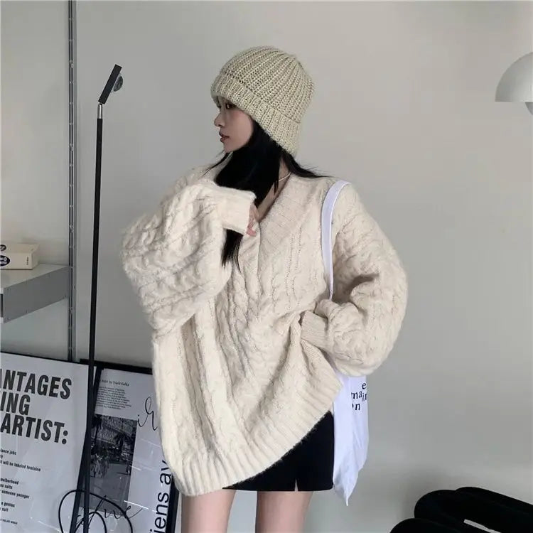 Women's Autumn and Winter Fashion Loose Outer Wear Lazy Style Niche Warm Knit Sweater Top - reetell