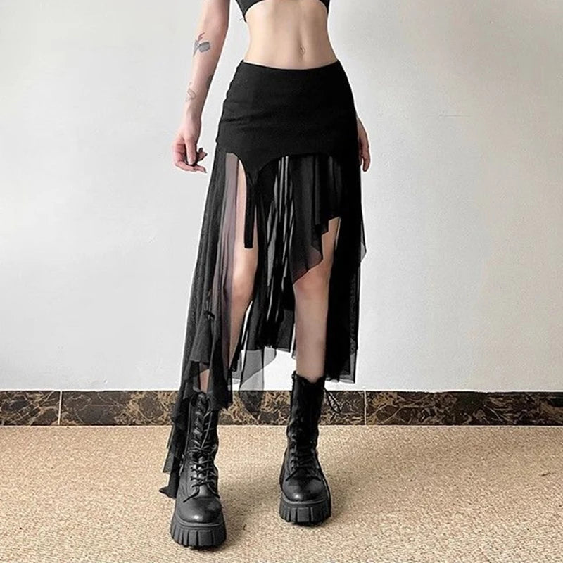 Women Clothes Vintage Y2K Harajuku Aesthetic Fairy Asymmetrical Skirts Summer Female Sexy Split Solid High Waist Slim Midi Skirt - reetell