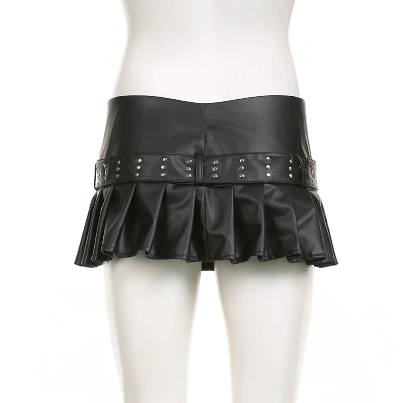 Rockmore PU Leather Women'S Mini Skirt Belt Low Waist Gothic Black Vintage y2k Streetwear Zipper Pleated Skirt Harajuku Korean - reetell