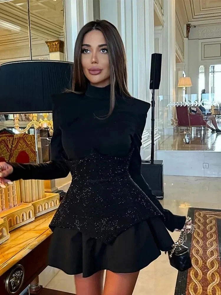 Sexy Long Sleeves Waist Sparkle Diamonds A-line Dress Women Black Patchwork Luxury Crystal Mini Dresses Celebrity Party Evening - reetell