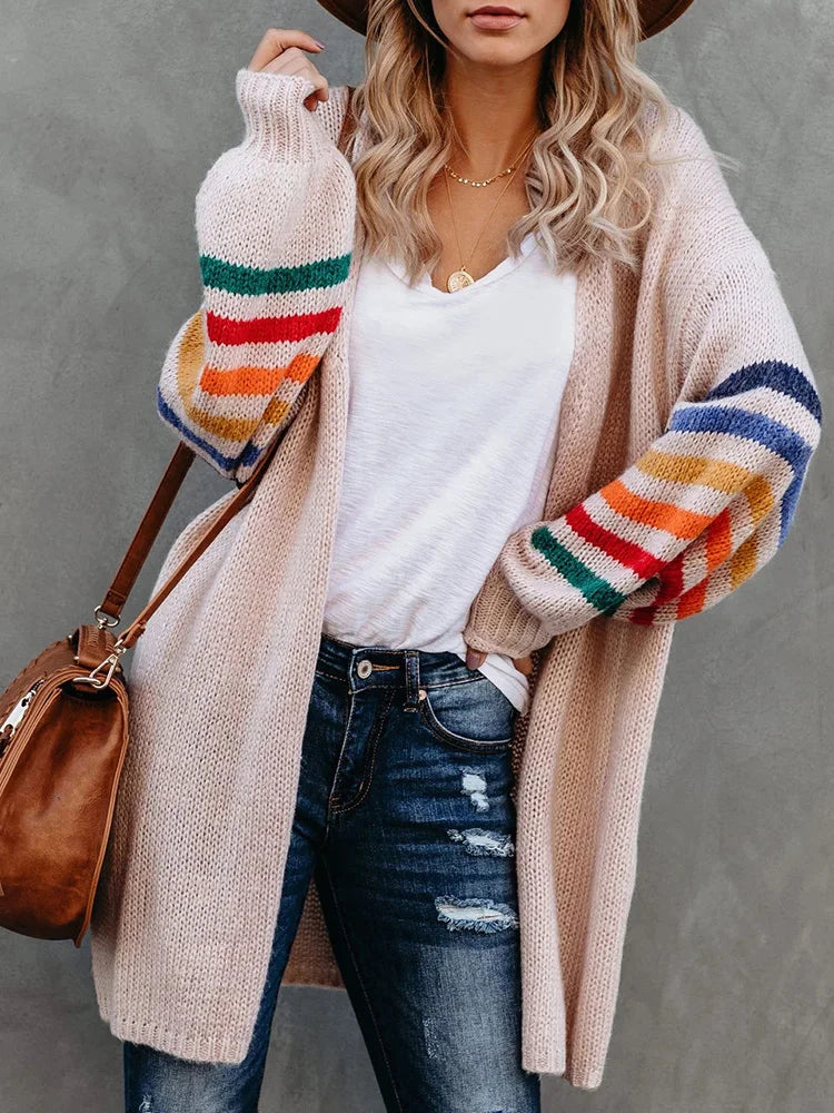 Fitshinling Rainbow Striped Boho Cardigan Winter Long Coat Female Knitwear Pink Slim Sweaters Cardigans For Women Clothes 2022 - reetell