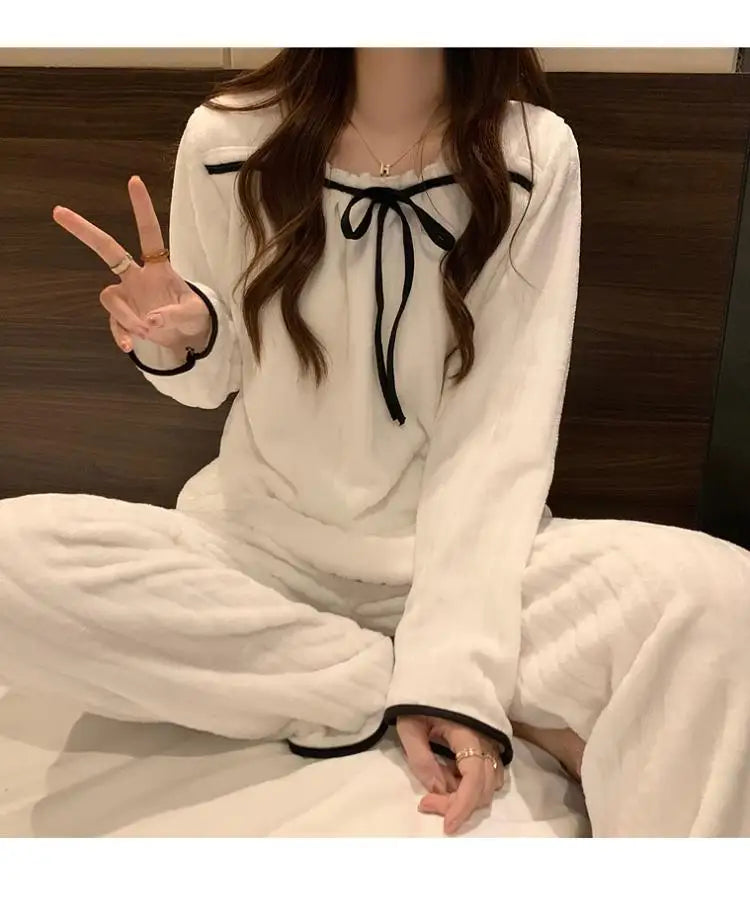 Coral Fleece Pajamas Sets for Women Autumn Winter Thick Warm Sweet Long Sleeve Sleepwear Nightgown Pijama Suit Mujer Homewear